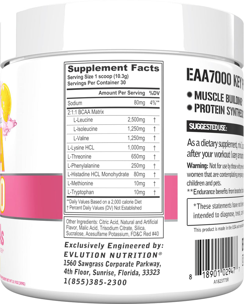 EVL EAA Essential Amino Acids Powder Pre & Post Workout - 30 Servings | 7g EAA formula with 5g BCAAs supports muscle recovery, endurance and workout performance - Pink Lemonade