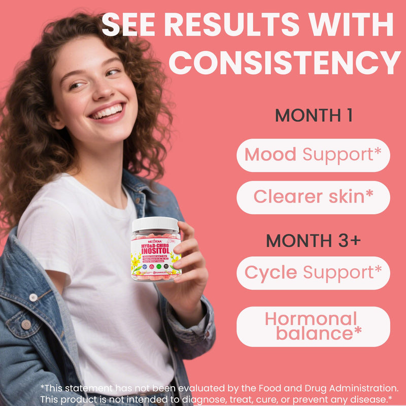 Inositol Gummies for Women + Evening Primrose Oil, Myo & D-Chiro 40:1 Ratio | Sugar Free Myo-Inositol Supplement with Vitamin D3 B6 B12 & Zinc, Hormone Gummies for Women's Daily Wellness, Vegan, 60Ct 60 Count (Pack of 1)