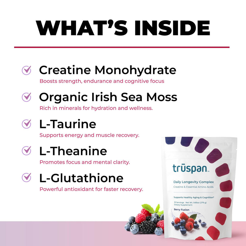 TruSpan Creatine Monohydrate Powder for Men & Women, Micronized Sugar Free | 2.5g creatine monohydrate with amino acids and vitamins, muscle recovery and energy support, sugar free, 30 servings Berry Fusion 9.85 Ounce (Pack of 1)