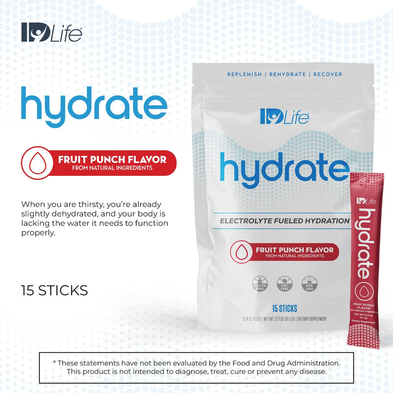 IDLife Hydrate - Fruit Punch - 15 Sticks | Electrolyte Blend, Vitamins And Minerals, MCTs, Rapid Mix Formula, Daily Hydration, Workout Support, On-The-Go Packets