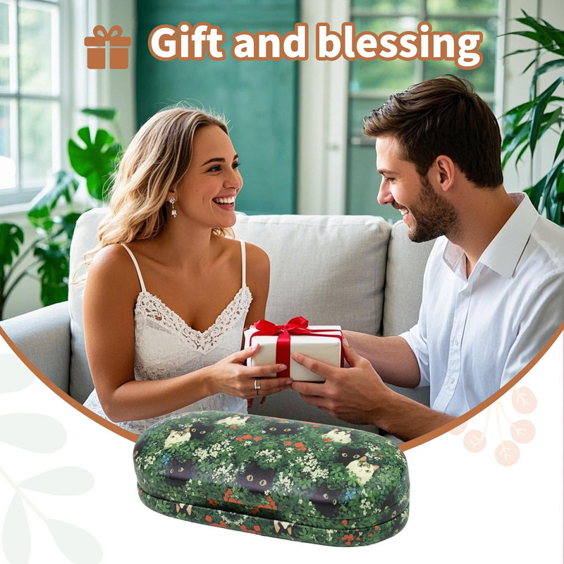 2 in 1 Contact Lens Case and Eyeglasses Case for Women Men Kids, Double Sided Hard Shell Portable Glasses Travel Holder with Built-in Mirror, Contact Lens Box Storage Kit (Green Cat) Green Cat