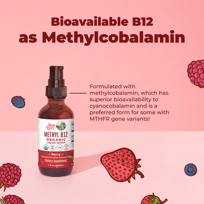 MARYRUTH'S Organic Methyl B12 Spray, 1,500 mcg B12 Per Serving, 1 Fl Oz | Energy Metabolism Support, Gluten Free, Vegan, Non-GMO Berry 1 Fl Oz (Pack of 1)