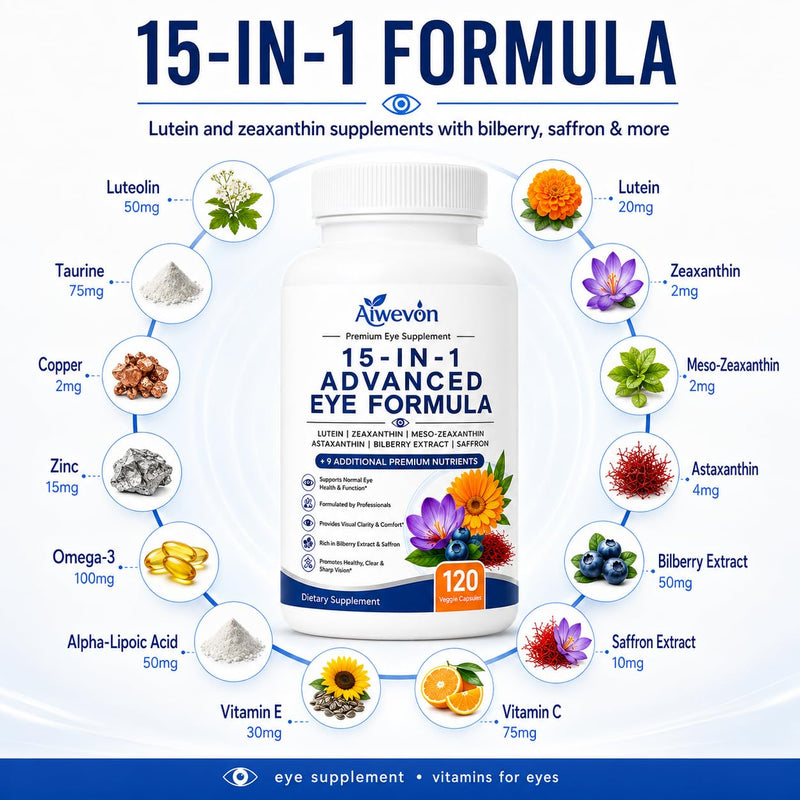 15 in 1 Advanced Eye Formula, Eye Vitamins Supplement with Lutein Zeaxanthin Meso Zeaxanthin, Bilberry Extract & Saffron, Eye Health Support Capsules for Adults, Daily Vision Nutrition, 120 Count