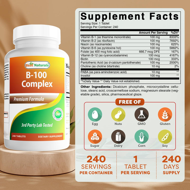 Best Naturals Vitamin B Complex with Inositol, PABA 240 Tablets - Made in the USA - Non-GMO & Gluten Free