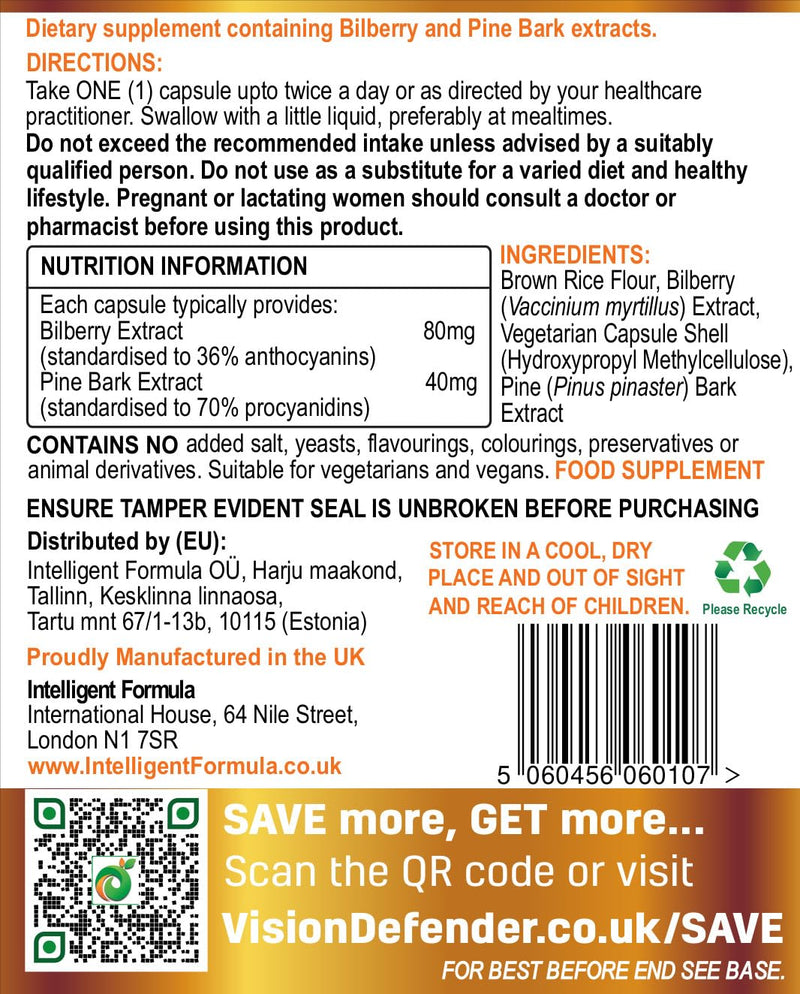 Vision Defender BP - Bilberry & Pine Bark Eye Supplement, 60 Vegan Capsules | Eye Pressure & Eye Health Support, Anthocyanin & Procyanidin Antioxidants, 1-2 a Day, 1-2 Month Supply, Gluten & Lactose Free