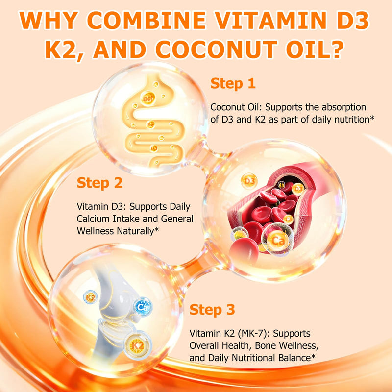 Vitamin D3 K2 Supplement Softgel, Vitamin D3 K2 Softgel with 10000 IU Supports Immune, Heart, Teeth & Bone Health, Free of GMO, Gluten, Soy, 120 Softgels 1 Bag | 60-day Supply