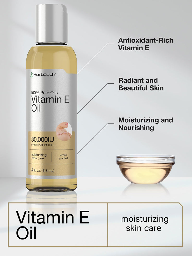 Horbäach Vitamin E Oil For Skin and Face | 4 fl oz | 100% Pure Oils | Moisturizing Skin Care | Non-GMO, Vegetarian | Lemon Scented