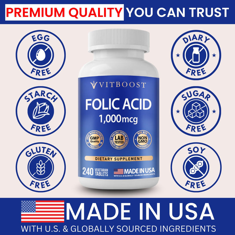 Folic Acid 1000 mcg (1667 mcg DFE) - Vitamin B9 Supplement, 240 Tablets | Non-GMO Tablets, Third Party Tested, Made in USA, Vegetarian, Supports Overall Wellness and Daily Nutrition 240 Count (Pack of 1)
