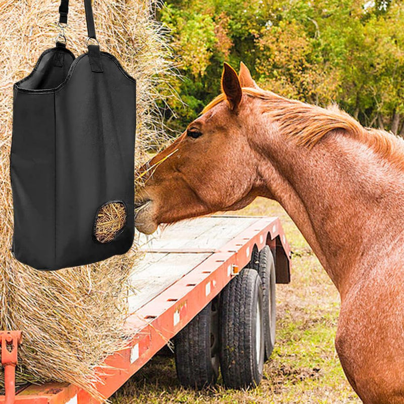 2 Pcs Hay Feeder for Goat, Nylon Goat Feeder, Slow Feed Hay Bag Less Hay Waste Tote Bag with Metal Ring and Adjustable Strap for Sheep Horses Paddock (Black) - BeesActive Australia