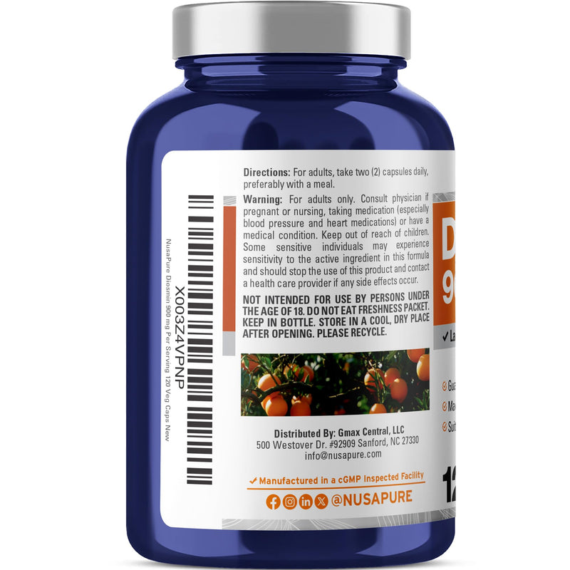 Diosmin, Non-GMO, Vegan, 900mg, 120 Vegetarian Capsules - 60 Servings | Dietary Supplement Formula, Diosmin Citrus Aurantium, Suitable for Adults, Manufactured in a cGMP Registered Facility USA
