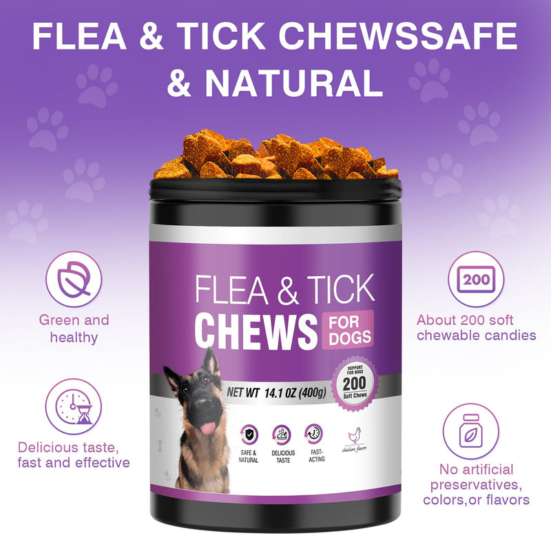 Dog Flea and Tick Chewable Tablets 200 Soft Chews Oral Supplement Chicken Flavor for Dogs All Breeds Sizes Ages Supports Skin Comfort and Daily Wellness Easy to Chew and Use for Routine Care
