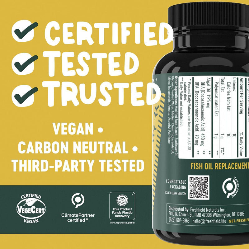 Freshfield Vegan Omega 3, Algae (Algal) Oil, Fish Oil Free Company, Third Party Tested, Carrageenan Free, DHA Supplement, Plant Based Omega. Supports Heart, Brain, Joint Health. Lemon Scent Daily DHA 120 Count (Pack of 1)