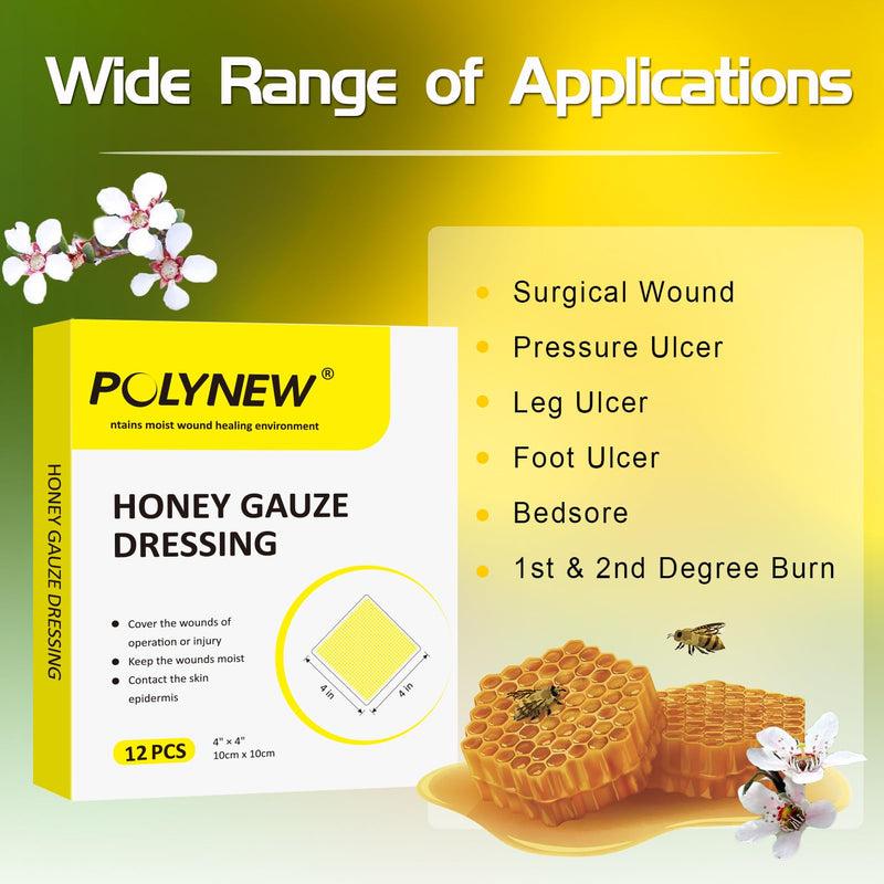 Manuka Honey Gauze Dressing, 2"x2"-12 Individual Package, Manuka Honey Wound Care Gauze for Ulcers, Bedsore, Burns, Abrasions and Cuts for Wound Healing Dressing