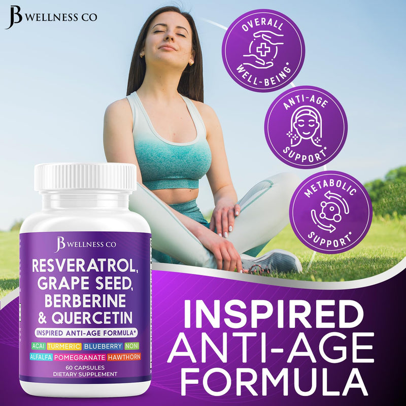 JB Wellness Resveratrol Grape Seed Extract, Berberine, Quercetin - Polyphenol Supplement for Women and Men with Noni, N-Acetyl Cysteine, Acai Extract - 60 Capsules 60 Count (Pack of 1)