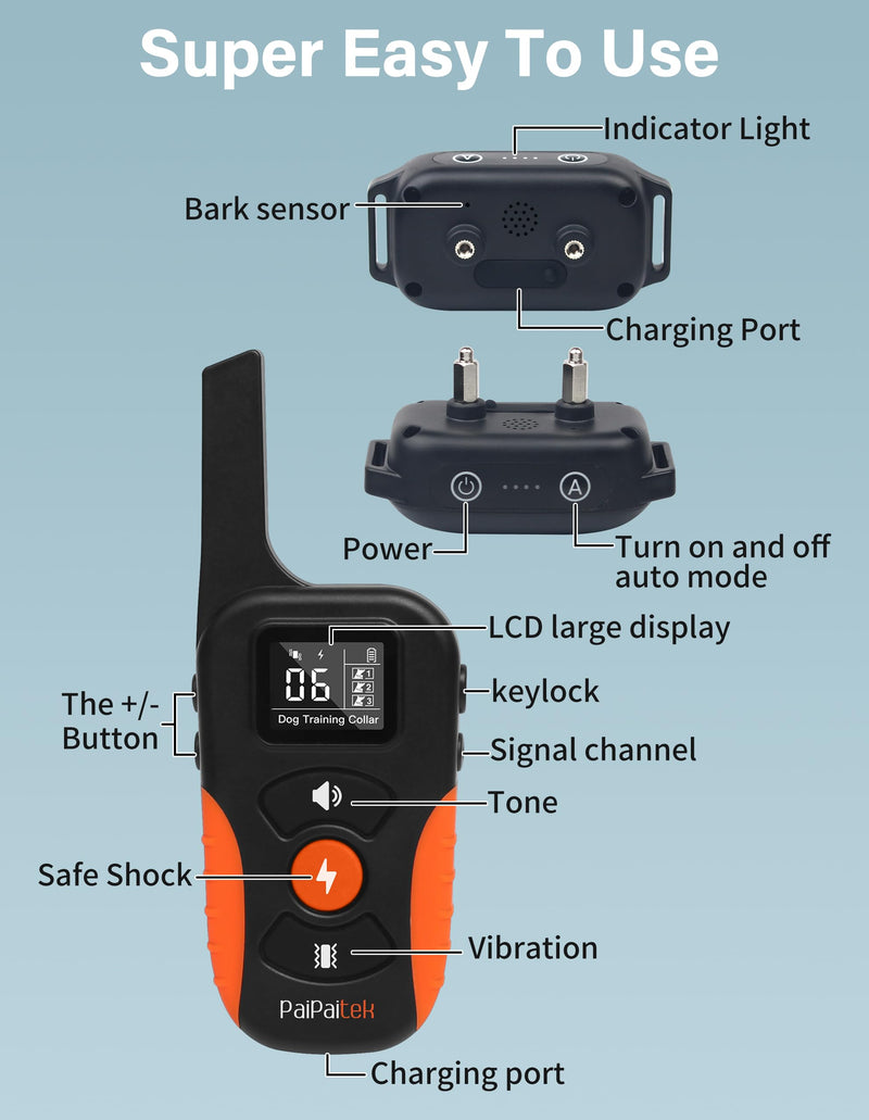 PaiPaitek Bark Collar with Remote and Automatic Mode - 3300ft Range Bark and Training Collar Combo, Shock Collar for Dogs 40-150 lbs Waterproof & Rechargeable Black - BeesActive Australia
