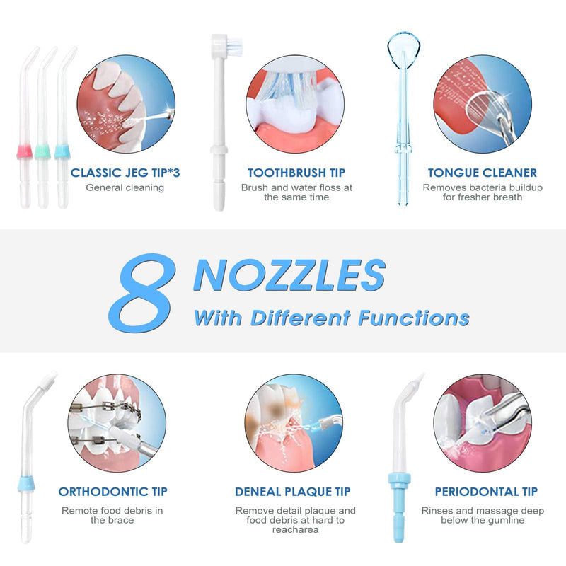 TUREWELL Water Flossing Oral Irrigator, 600ML Dental Cleaner 10 Adjustable Pressure, Electric Oral Flosser for Teeth/Braces, 8 Replacement Jet Tips for Family (White) White - BeesActive Australia
