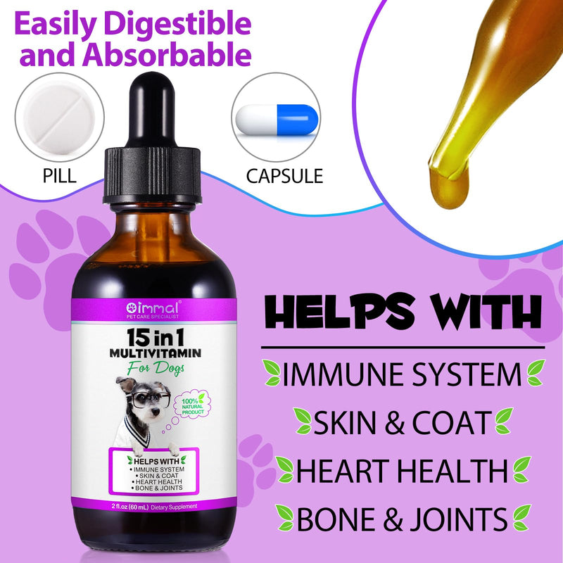 15 in 1 Dog Multivitamin Drops for Dogs - Daily Multivitamin Dog Vitamins and Supplements - Helps with Immune System, Skin and Coat, Heart & Joint Function 15 in 1 Dog Multivitamin