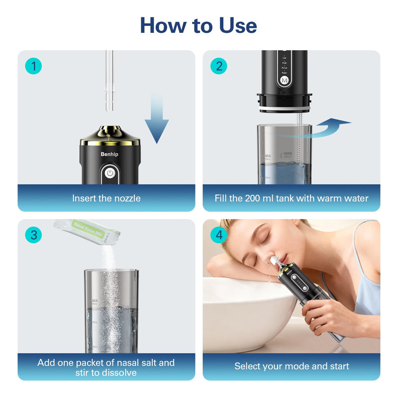 Electric Nasal Irrigation System Packets, Sinus Rinse, Neti Pot Relief System Portable for Kids/ Adults Cordless Waterproof Nasal Rinse Bottle with 60 Saline Kits Nose Wash Machine Black