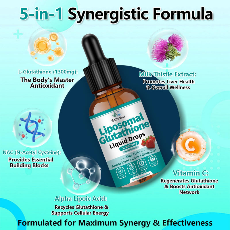 5-in-1 Liposomal Glutathione Supplement Liquid Drops 1750mg | Ultra Strength L-Glutathione w. Milk Thistle Alpha Lipoic Acid, Skin Whitening Liver Detox Antioxidant Immune Brain Health Strawberry 2 Fl Oz (Pack of 1)