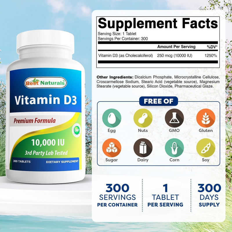 Best Naturals Vitamin D3 10000 IU – 300 Tablets – Made in USA, Non-GMO, Gluten Free, No Artificial Color, Flavor or Preservatives – Dietary Supplement