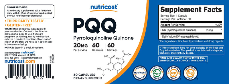 Nutricost PQQ (Pyrroloquinoline Quinone) 20mg, 60 Capsules - Vegetarian Capsules, Non-GMO, Gluten Free (Pack of 2) 60 Count (Pack of 2)