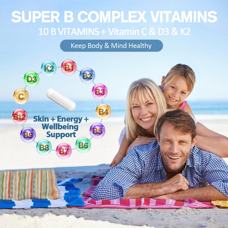 13-in-1 Vitamin B Complex Plus with Vitamin B1, B2, B3 (Niacinamide), B4, B5, B6, B7 (Biotin), B8 (Inositol), B9 (Folate), B12, C, D3, K2 - Energy, Nerve, Immune, Skin Support - 120 Vegan Capsules 1