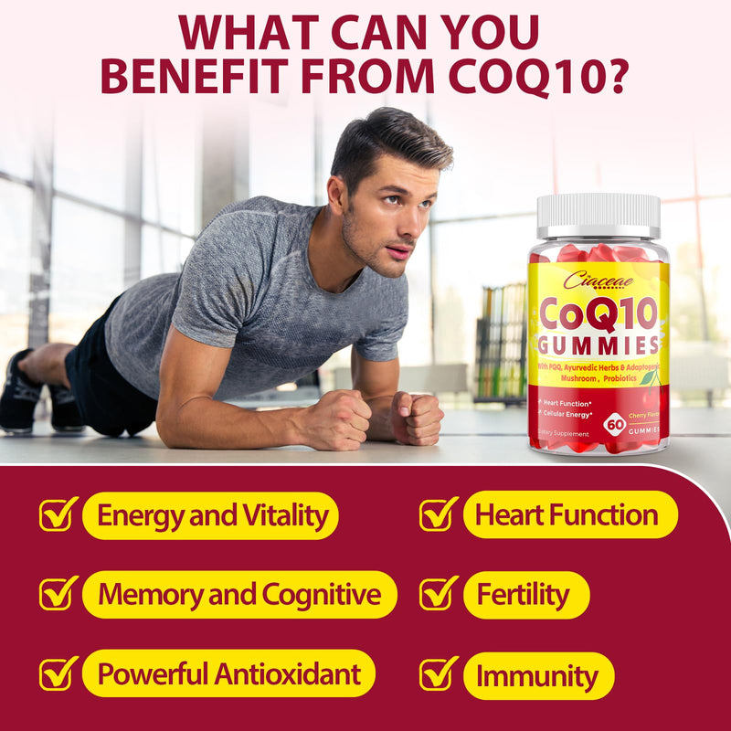 CoQ10 Gummies with PQQ - 400 MG Coenzyme Q10 High Potency, Enhanced with Ayurvedic Herbs, Adaptogenic Mushroom Blend & Probiotics for Heart, Brain, Energy, Immunity, Cherry Flavor, 120 Vegan Gummies 60 Count (Pack of 2)