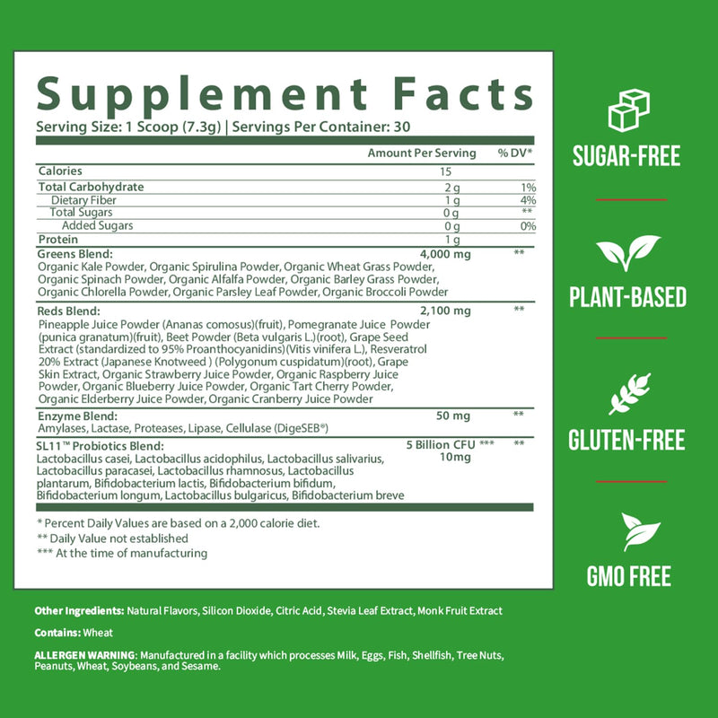 GOBIOTIX Super Greens and Reds Powder - Red and Green Superfood - Probiotic Supplement - Digestive Enzymes and Beet Root Powder - Organic Whole Foods Dietary Supplement (Pom Raspberry, 1 Pack) Pomegranate Raspberry 7.73 Ounce (Pack of 1)