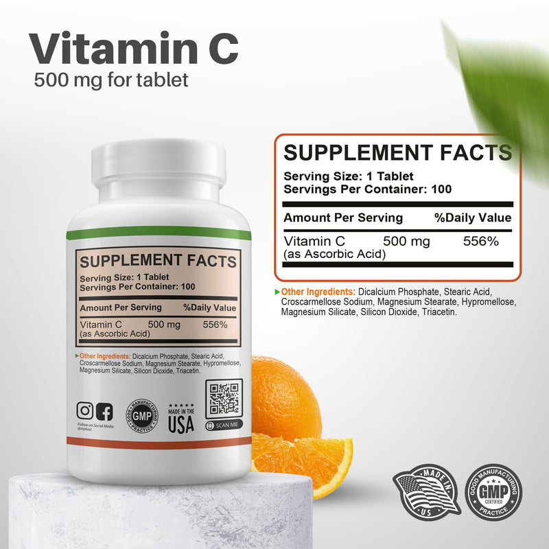 M+S Vitamin C 500mg Tablets, Immune Support, Sugar Free, Orange Flavor | Helps protect cells from oxidative stress and promotes collagen formation for healthy skin, hair, nails and joints. Non-GMO.