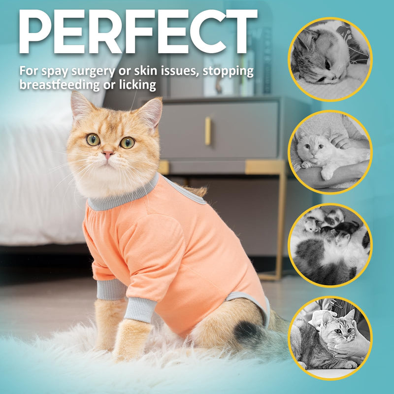 Avont Cat Recovery Suit Kitten Onesie with Sleeves Front Post Surgery Alternative Surgical Spay Suit for Female Cats Post Surgery Skin Disease Protection Gray Coral L - BeesActive Australia