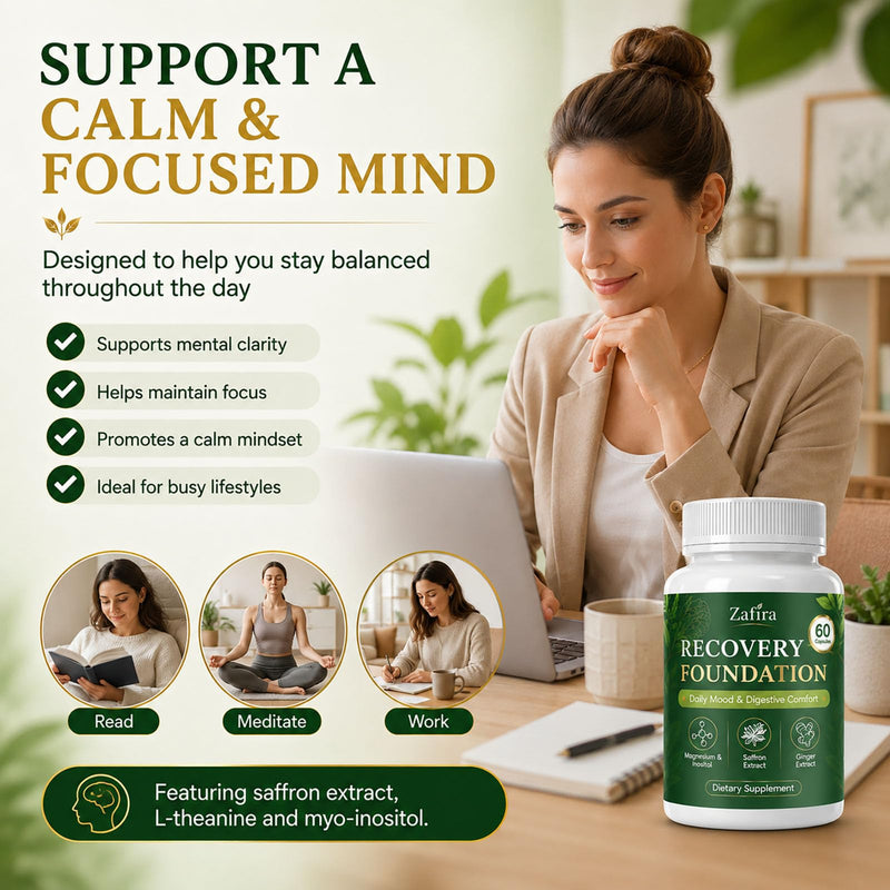 Zafira Organics Saffron Supplements, Zafira Recovery Foundation Capsules for Daily Wellness Support & Digestive Comfort with Saffron Extract, Magnesium Bisglycinate, Ginger, Zinc, Vitamin D3 & B12 1 pcs