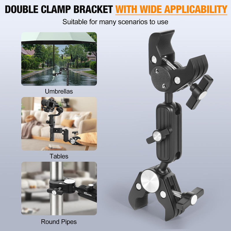 Super Clamp Double Camera Mount with 1/4 Inch Screw Adapter Clip Bracket Magic Arm Dual Ball Head for Motorcycle Chair Pole Tripod Light Stand Photo Boom Stand Cross Bars - BeesActive Australia