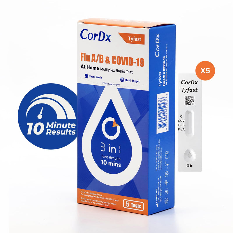 CorDx TyFast at Home Flu A/B & COVID-19 Multiplex Rapid Test Kit, Easy, Accurate, Fast Results in 10 Minutes, 3 in 1 Combo Kit, 5 Tests