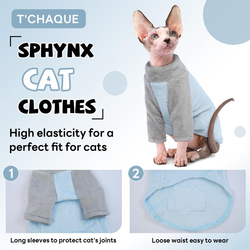 T'CHAQUE Sphynx Cat Clothes, Soft Fleece Cat Sweaters for Cats Only, Pullover Shirt for Cat, Cat Pajamas with Sleeves, Kitten Hairless Cat Winter Clothes, Winter Warm Cat Outfit Onesie Jumpsuit Hoodie Large Blue - BeesActive Australia