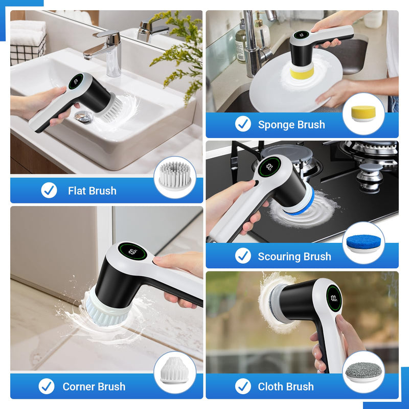 Electric Spin Scrubber, Cordless Shower Scrubber with Battery Level Display, 2 Speeds Electric Scrubber for Cleaning with 6 Replaceable Heads, Electric Cleaning Brush for Bathroom/Sink/Window White - BeesActive Australia