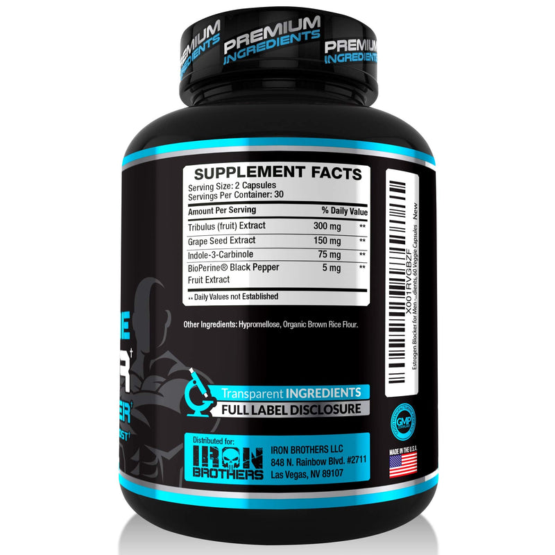 Iron Brothers Testosterone Booster for Men with Estrogen Blocker - Anti-Estrogen Dietary Supplement with Indole-3-Carbinol, Grape Seed Extract & Tribulus Terrestris |60 Capsules - Muscle Growth Boost - BeesActive Australia