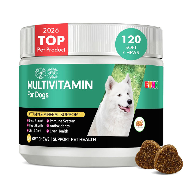 Multivitamin for Dogs，Dog Multivitamin Chews with Essential Vitamins & Minerals - Skin & Coat Health, Immune Support, Heart & Liver Care, Chicken Flavor, 120 Count