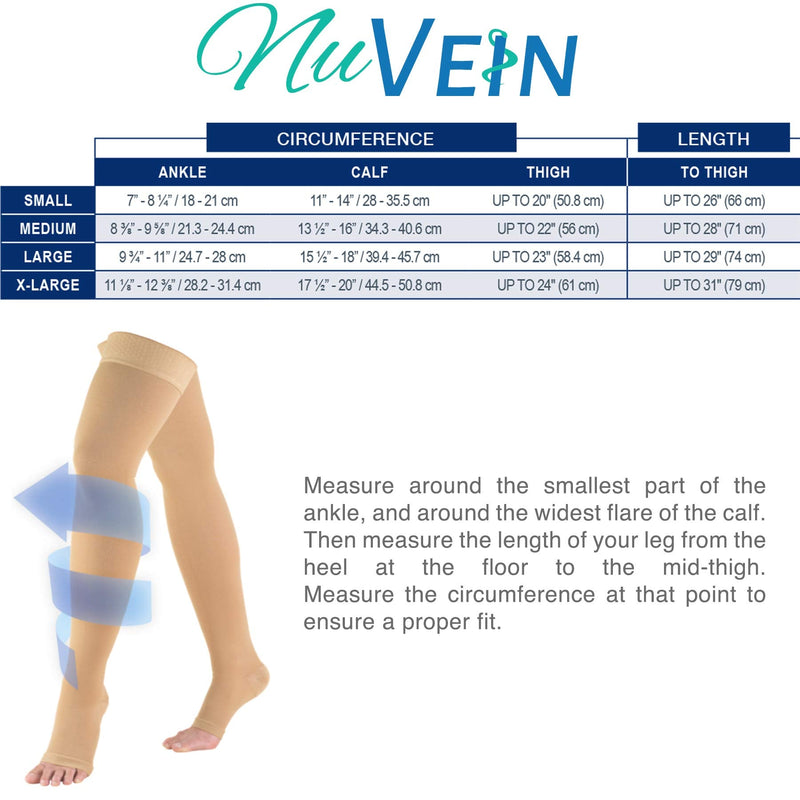NuVein Medical Compression Stockings, 30-40 mmHg Support, Women & Men Thigh Length Hose, Open Toe, Black, Medium Medium (1 Pair)