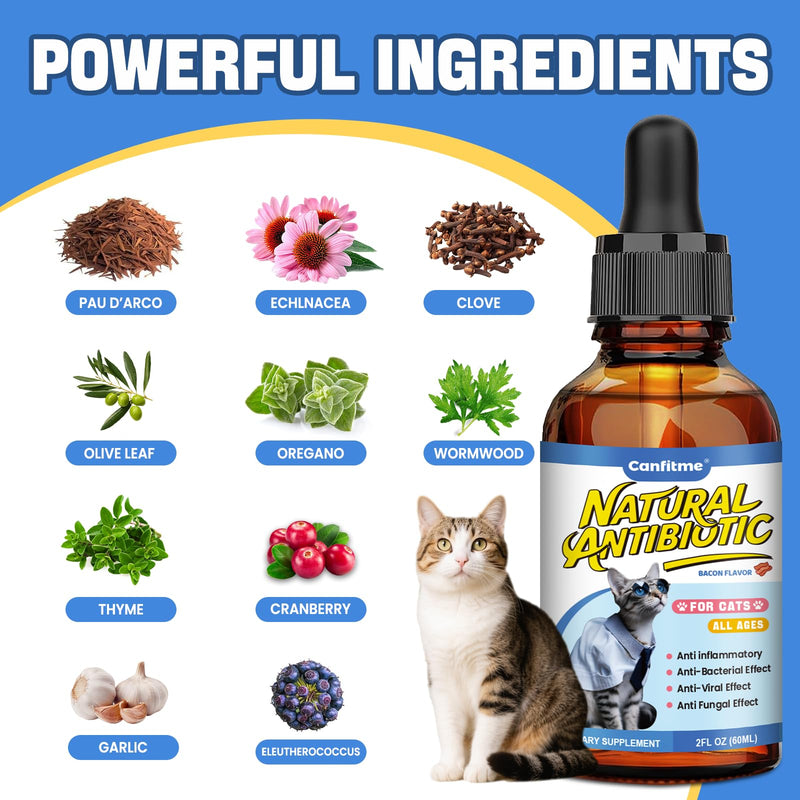 Antibiotic for Cats, Cat Antibiotics for Infection, Natural Antibiotic Pet Supplements, Supports Allergy Itch,Cough Relief,Immune Support -Proper for All Ages & Breeds-Bacon Flavor | 2 Fl Oz