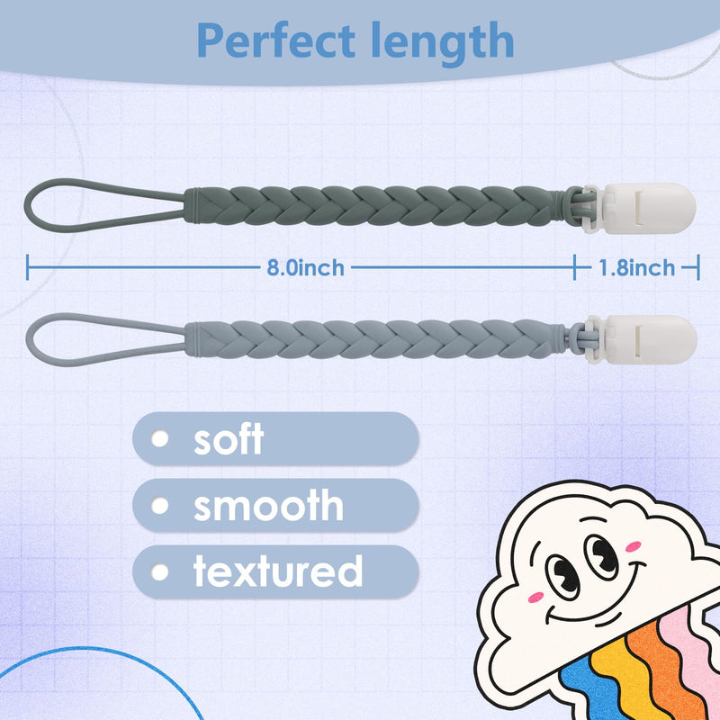 Stylish Silicone Pacifier Clips 4-Pack for Baby Boys and Girls, Woven Rope Flexible Design, Rust-Free Holders for Teething Relief and Baby Essentials, Safe for Newborns (Grey) 4-Pack Weave, Grey
