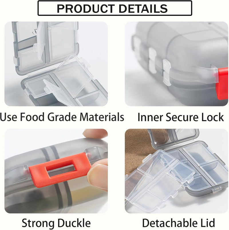 Travel Pill Storage Box Foldable 10 Compartment for Vitamin Tablet | Small Medicine Box for Pocket Wallet,Daily Pill Organizer,Portable Medication and Vitamin Holder Container Grey