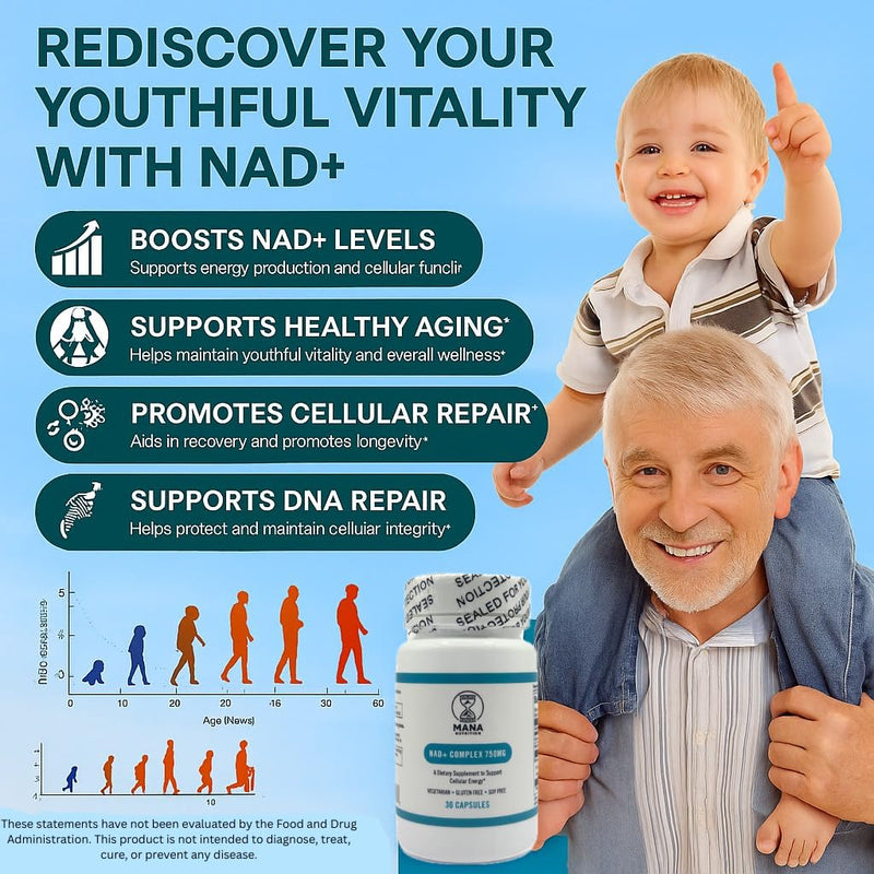 NAD+ Complex 750MG – with Niacin & Vitamin C – Vegan, Gluten-Free, Non-GMO – 30 Capsules | Cellular Energy, Healthy Aging & Mitochondrial Support, Vegan, Non-GMO, With Niacin & Vitamin C