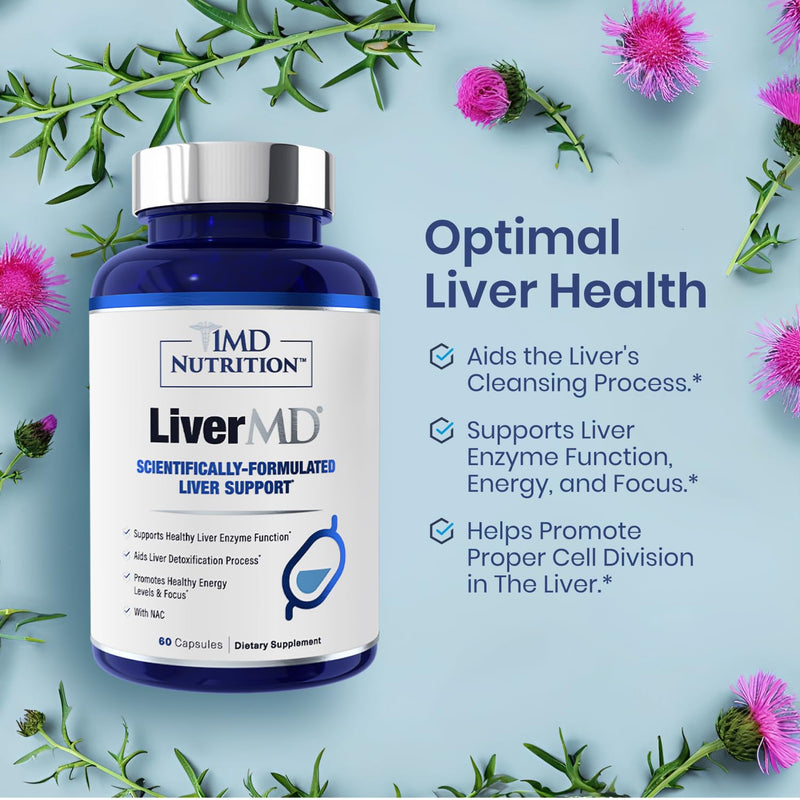 1MD Nutrition LiverMD - Liver Support Supplement | Siliphos Milk Thistle Extract & NAC - Supports Healthy Energy, Immunity & Overall Health - Liver Cleanse & Support | 60 Capsules N-Acetyl Cysteine (NAC) 60 Count (Pack of 1)