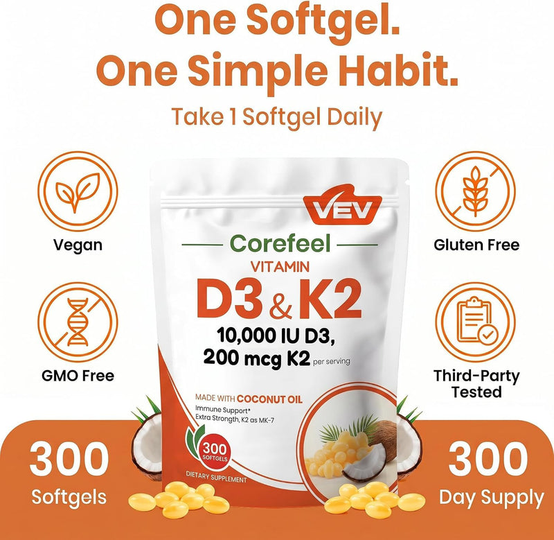 VEV Corefeel Vitamin D3 K2 10,000 IU, 200 mcg MK-7, 300 Coconut Oil Softgels 300 Count (Pack of 1)