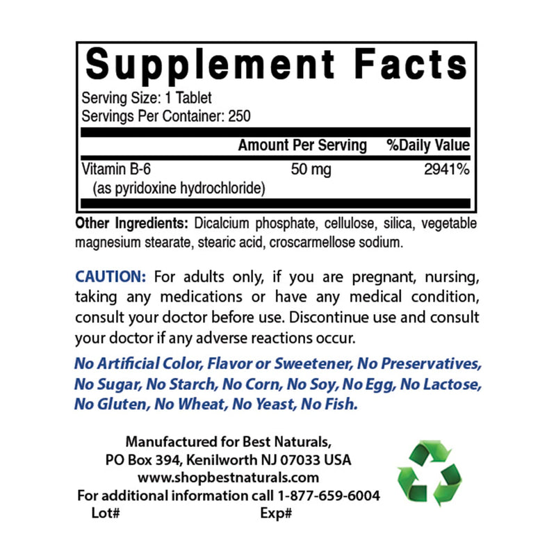 Best Naturals Vitamin B6 50 mg 250 Tablets (250 Count (Pack of 3))