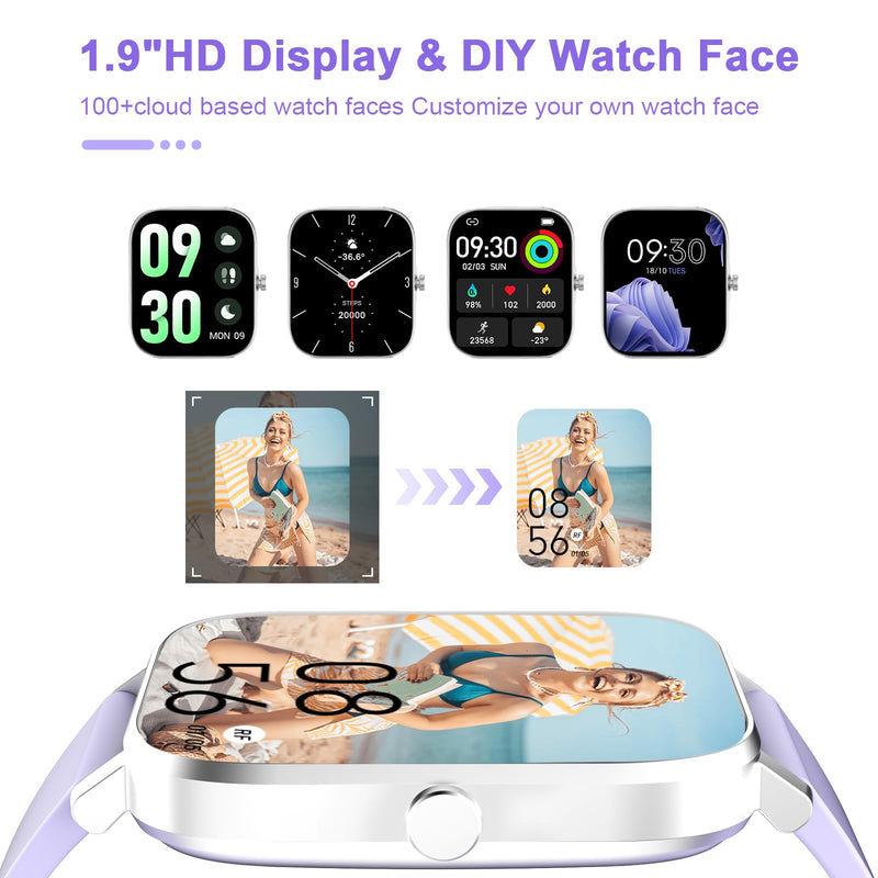 Smart Watch for Men Women Compatible with iPhone Samsung Android Phone 1.69 inch Full Touch Screen IP68 Waterproof Bluetooh Fitness Tracker Heart Rate/Sleep Monitor (Purple) purple