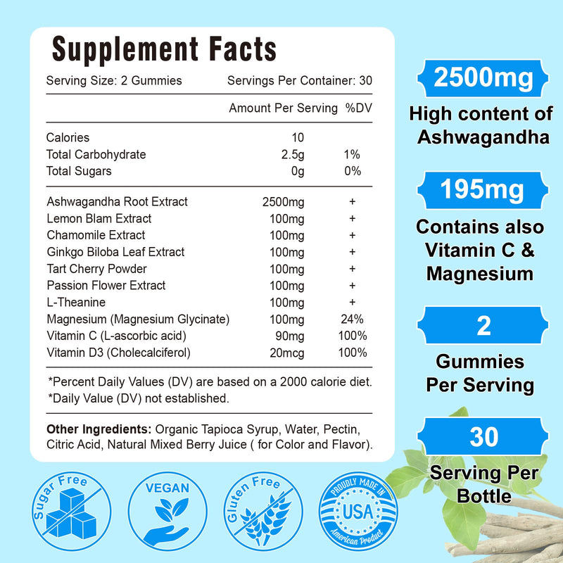 Sugar Free Ashwagandha Gummies for Women Men, Organic Ashwa Root Extract Supplement for Relax Restore Balance, Vegan Gluten Free, 60 Count 60 Count (Pack of 1)