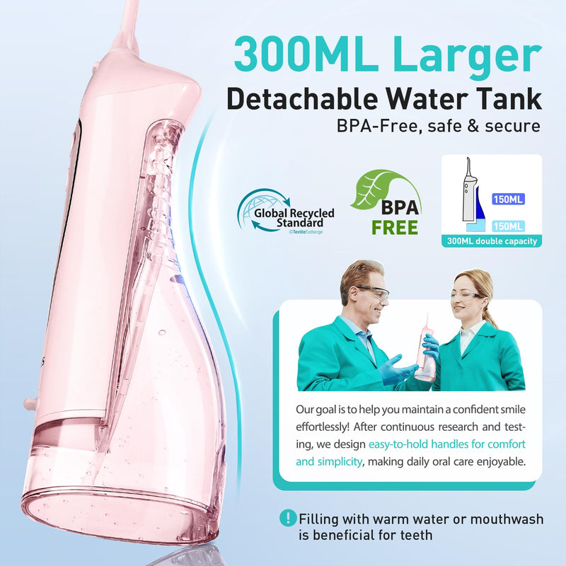 COSLUS Water Dental Flosser Teeth Pick C20(F5020E): Portable Cordless Oral Irrigator 300ML Rechargeable Travel Irrigation Cleaner IPX7 Waterproof Electric Flossing Machine for Teeth Cleaning, Pink