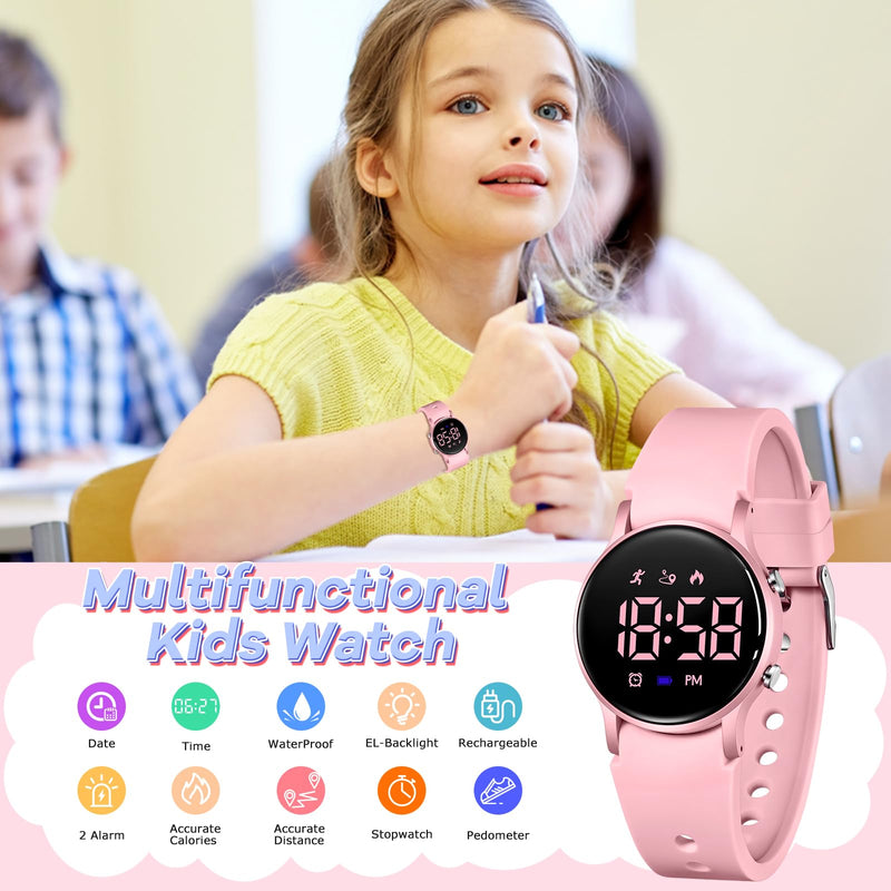 BEN NEVIS Kids Watch for Boys Girls Waterproof Digital Watch for Kids with Pedometer, Vibration Alarm Clock, Stopwatch, Calendar, No App for Ages 5-18 03-Pink - BeesActive Australia