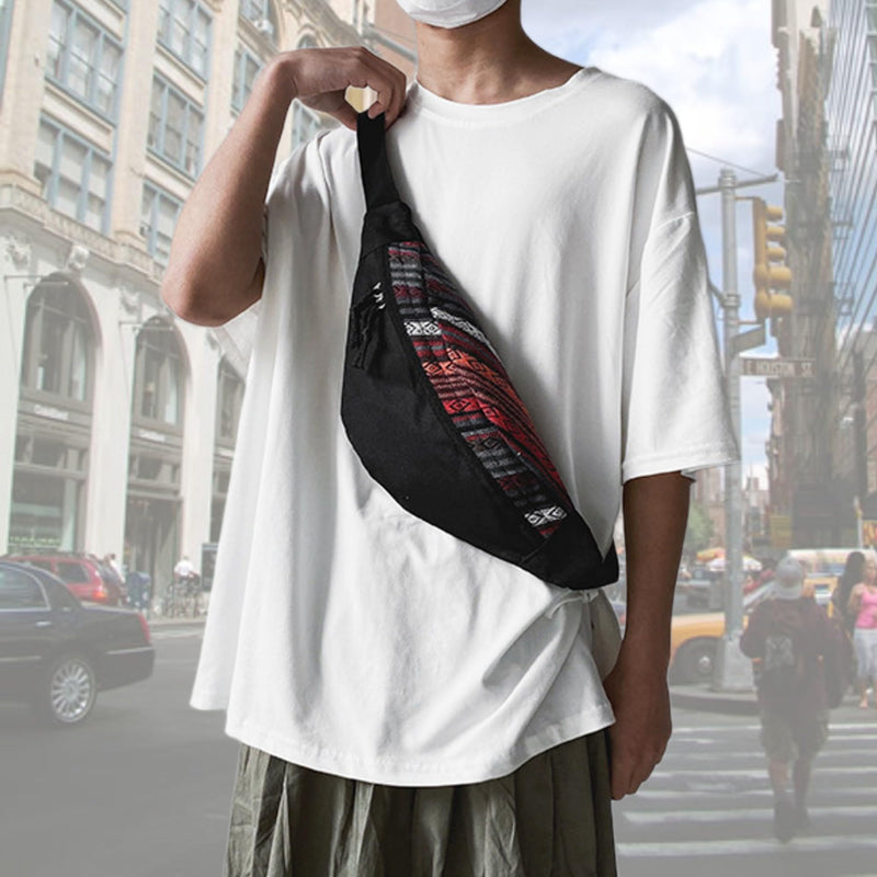 Ethnic Canvas Fanny Pack for Men and Women – Unisex Boho Bum Waist Bags with Zipper Pockets, Hands-Free Sling Crossbody Purse Adjustable Strap Travel Streetwear Hiking Camping Shopping Outdoor (Black) Black